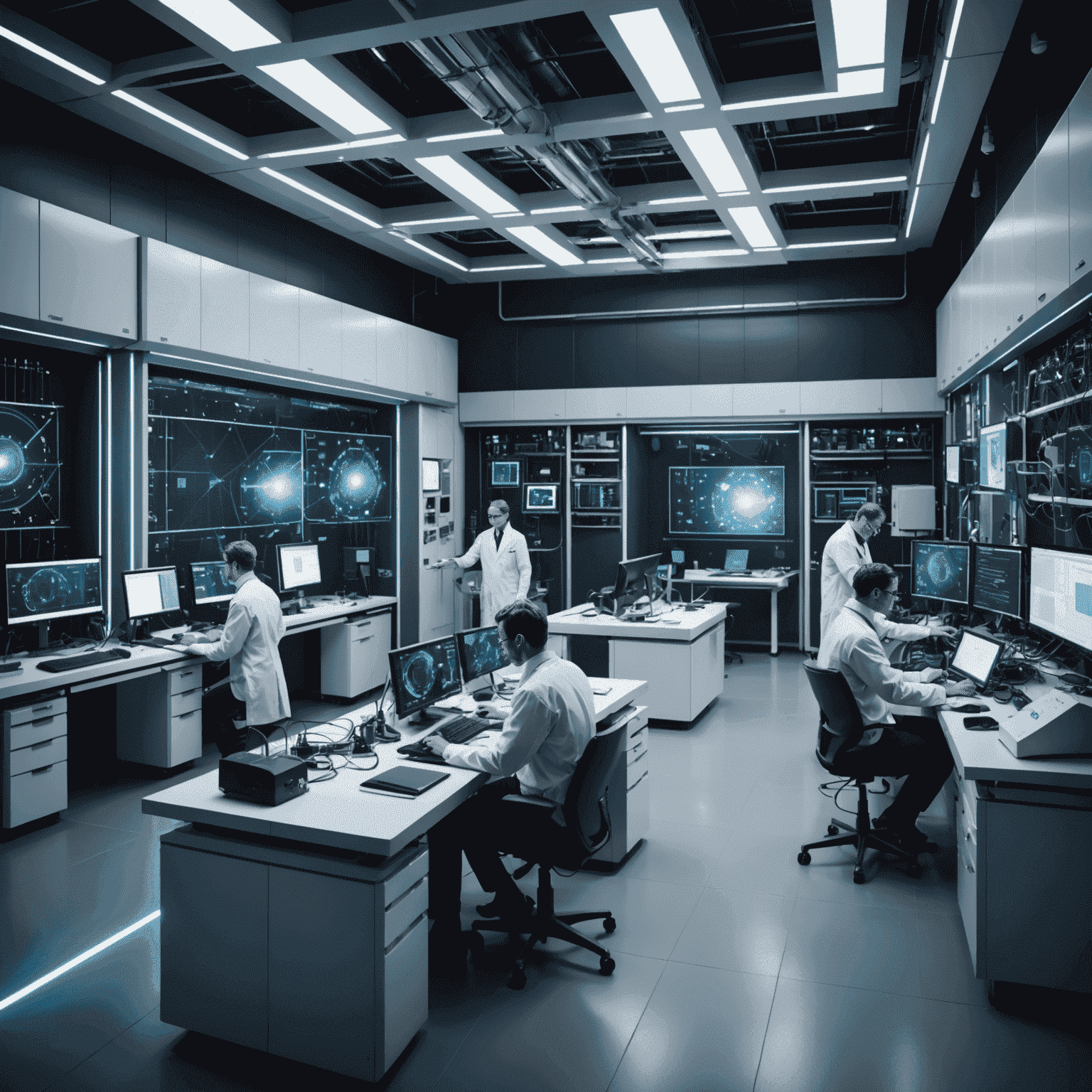 A futuristic laboratory with scientists working on advanced quantum computers, showcasing Qubetics' cutting-edge technology