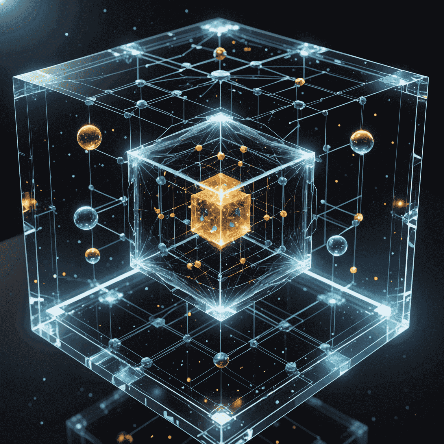 Futuristic representation of qubetics technology with floating holographic displays showing complex data structures and quantum particles