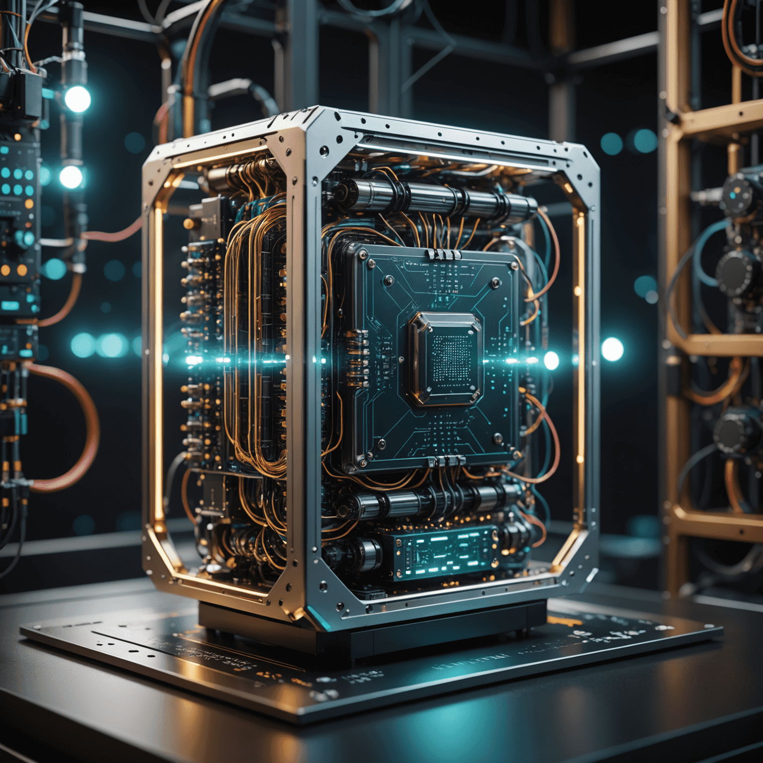 A futuristic quantum computer with glowing qubits and intricate circuitry, symbolizing the cutting-edge advancements in quantum computing