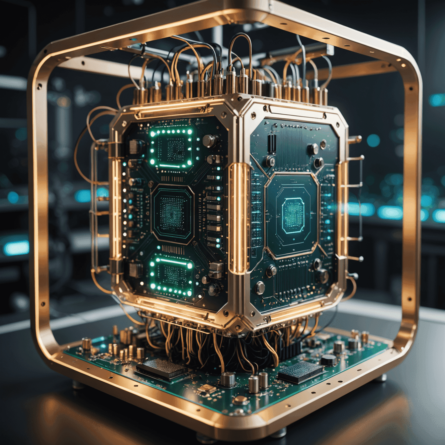 A futuristic representation of quantum computing with glowing qubits and intricate circuitry
