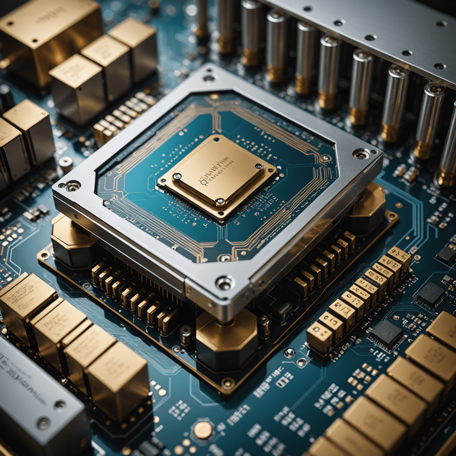 A close-up of a quantum processor with intricate circuitry and cooling systems, showcasing the cutting-edge technology of quantum computing