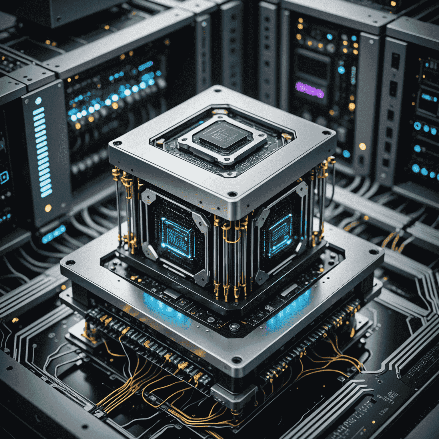 Quantum computer being integrated with classical computing infrastructure. The image shows a futuristic quantum processor connected to traditional servers, symbolizing the seamless integration of quantum and classical systems.