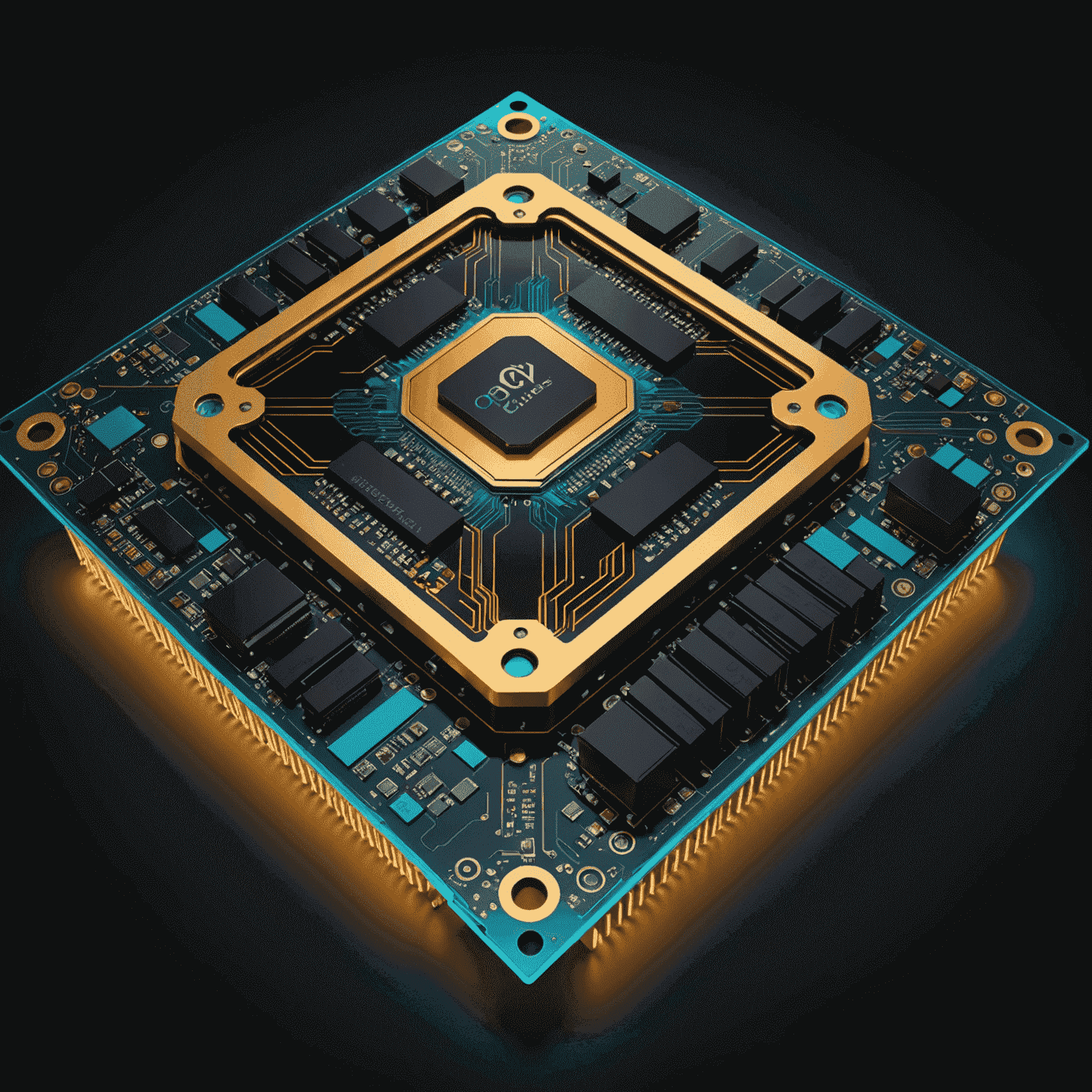 A 3D rendering of Qubetics' next-generation quantum processor, with intricate circuitry glowing in vibrant colors against a black background