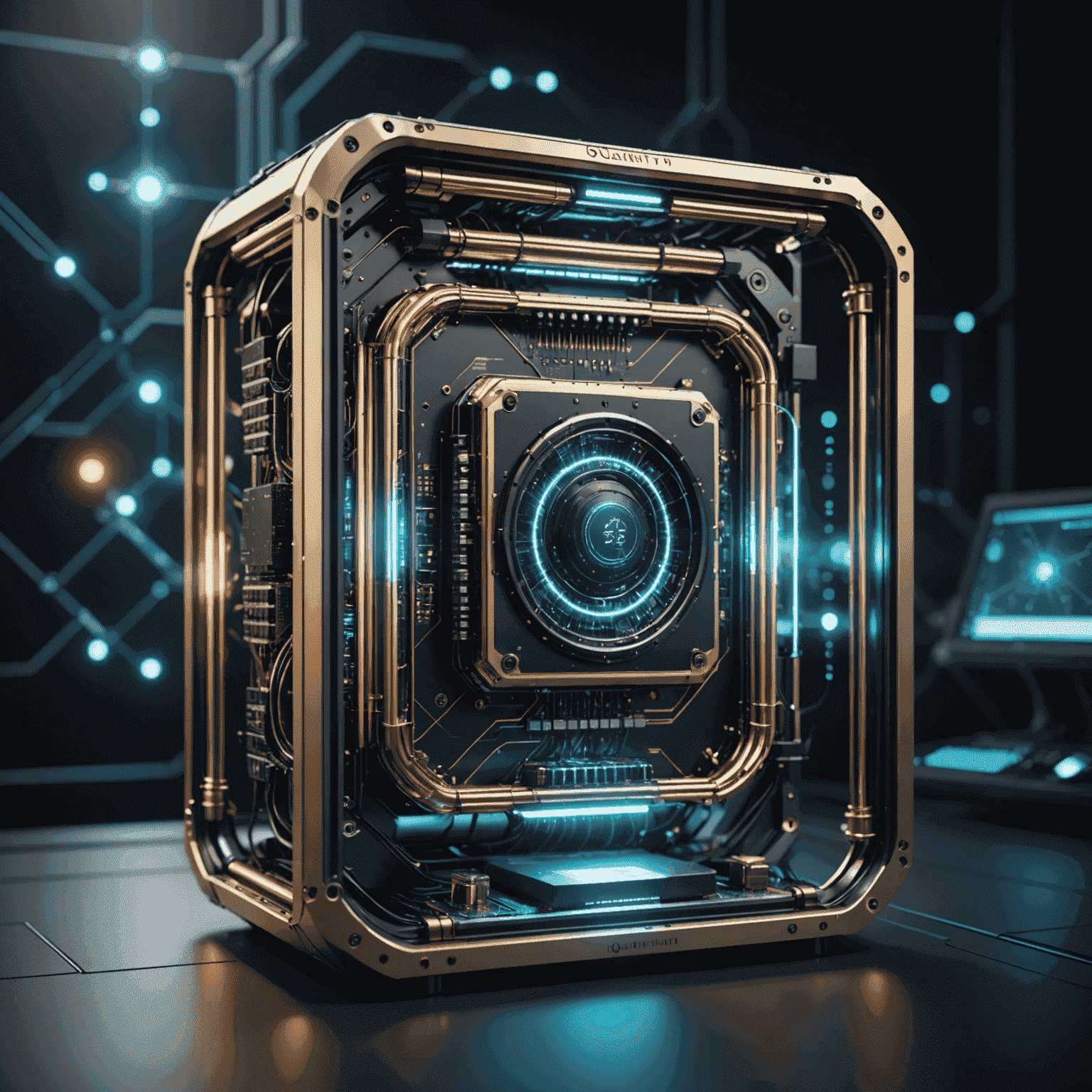 A futuristic quantum computer with glowing qubits, representing the advanced technology used in our quantum algorithm development process