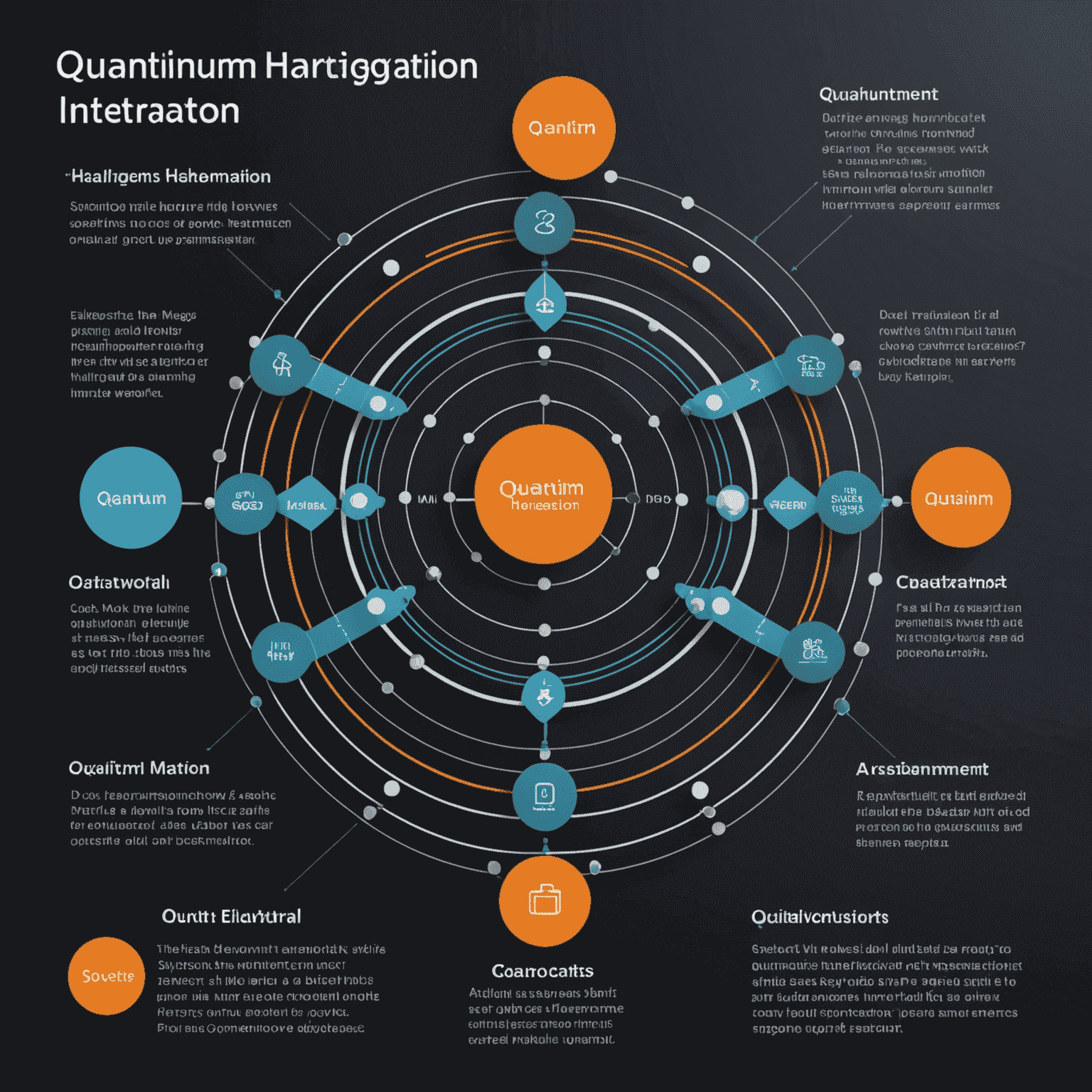 Diagram showing the step-by-step process of quantum hardware integration. The image illustrates assessment, design, implementation, and optimization phases with both quantum and classical elements.