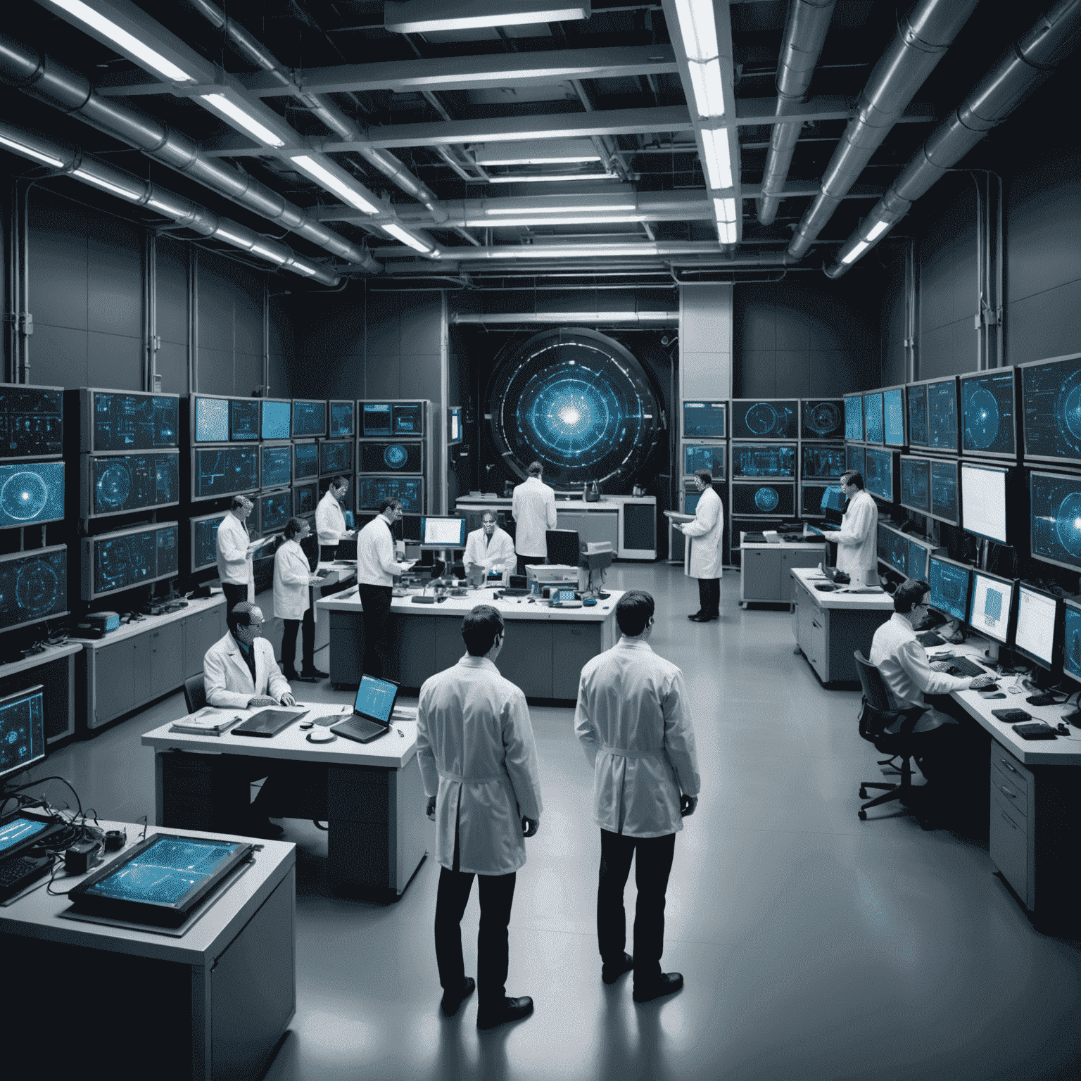 A team of scientists and engineers working in a high-tech quantum computing laboratory, surrounded by advanced equipment and holographic displays