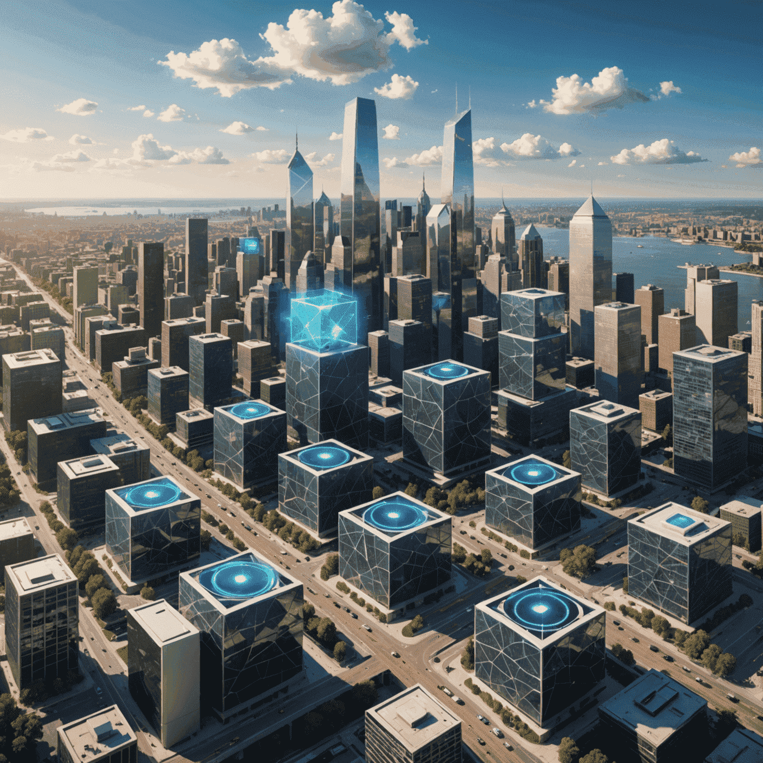 Illustration of edge computing devices utilizing qubetic principles, with data nodes distributed across a cityscape