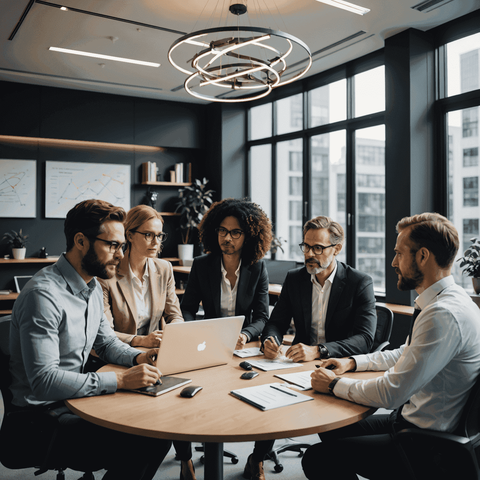 A diverse team of quantum experts in a modern office setting, discussing quantum strategies with clients