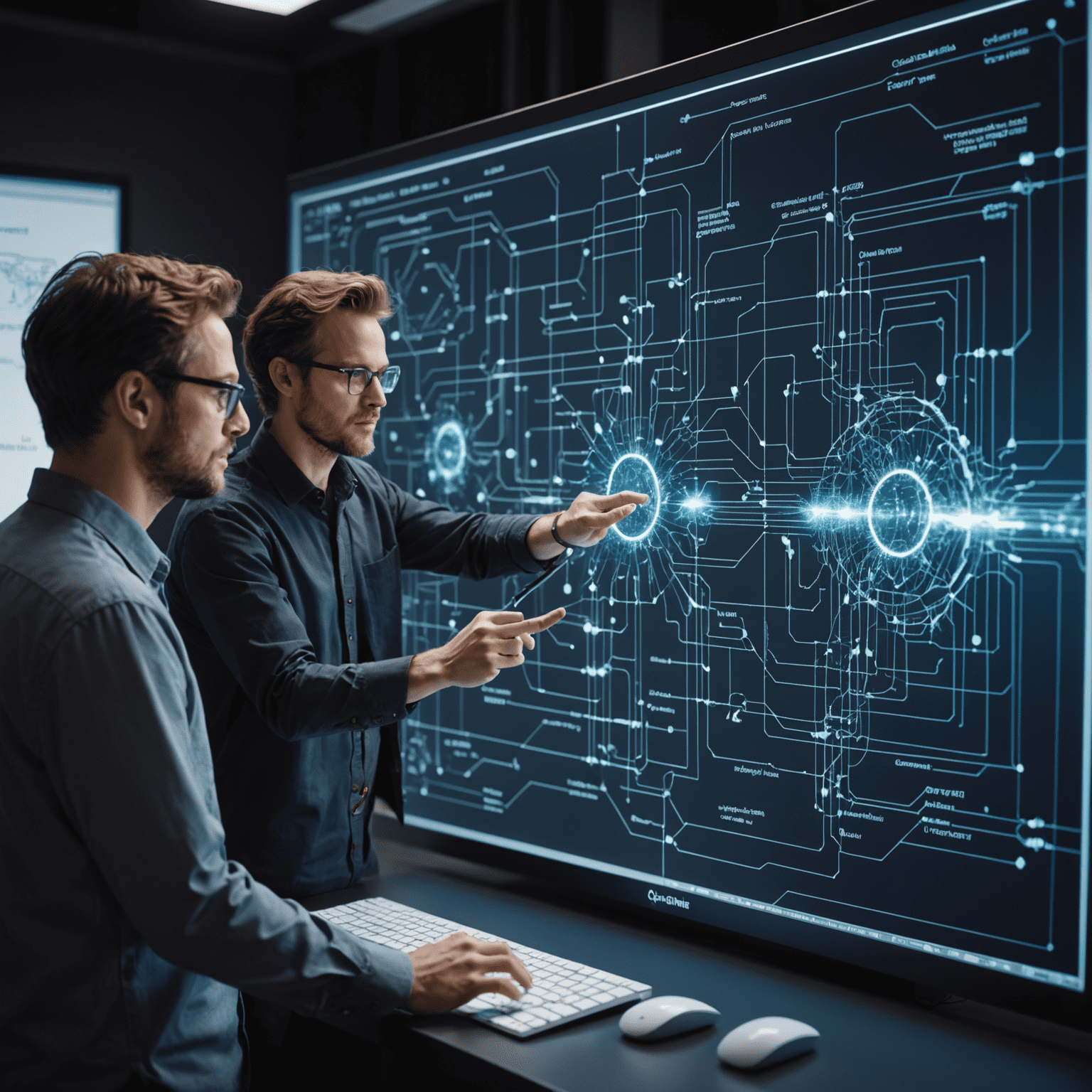 A team of diverse quantum physicists and computer scientists collaborating on a large touchscreen display showing complex quantum circuits and algorithms, symbolizing the collaborative and innovative nature of Qubetics' approach to quantum algorithm development