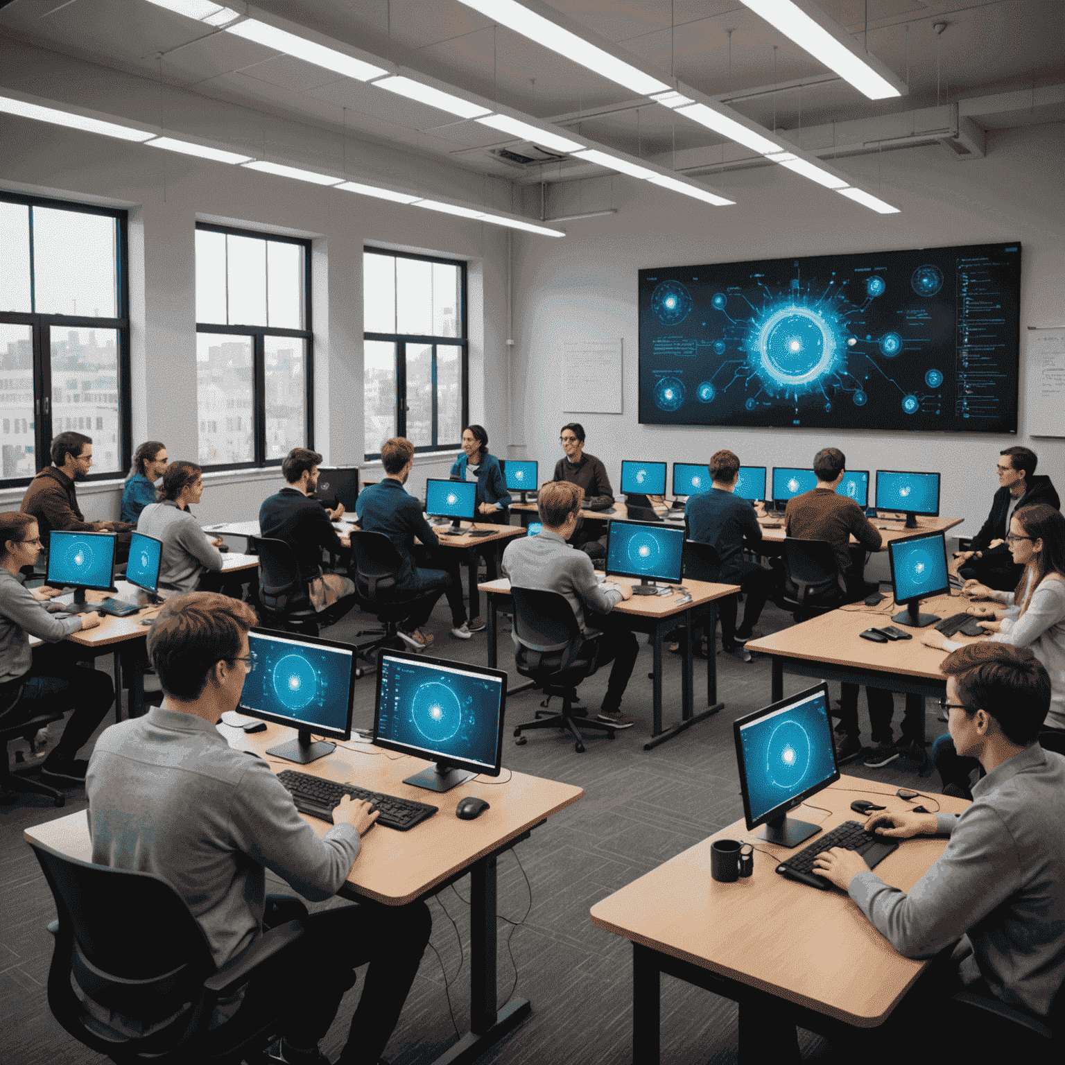 A classroom setting with students engaged in quantum computing training, using advanced visualization tools