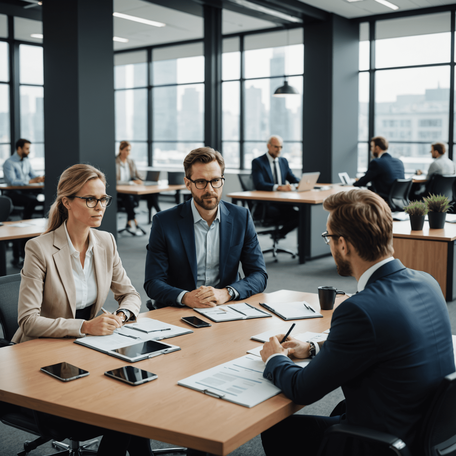 Professional quantum experts discussing strategies with clients in a modern office setting